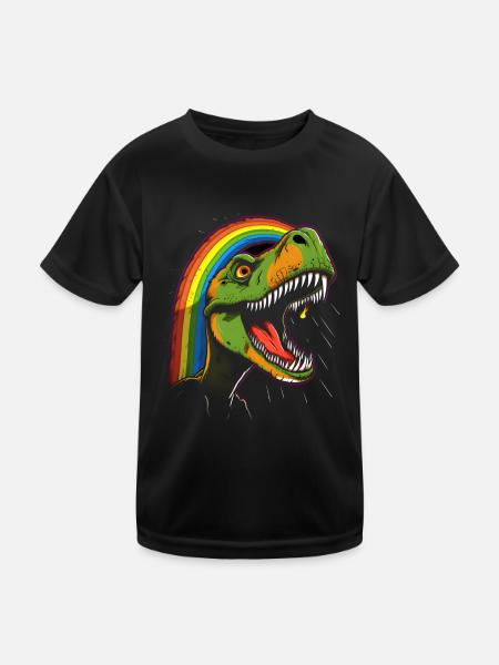 Regenbogen Tyrannosaurus - Kinder Funktions-T-Shirt - Schwarz - Vorne
