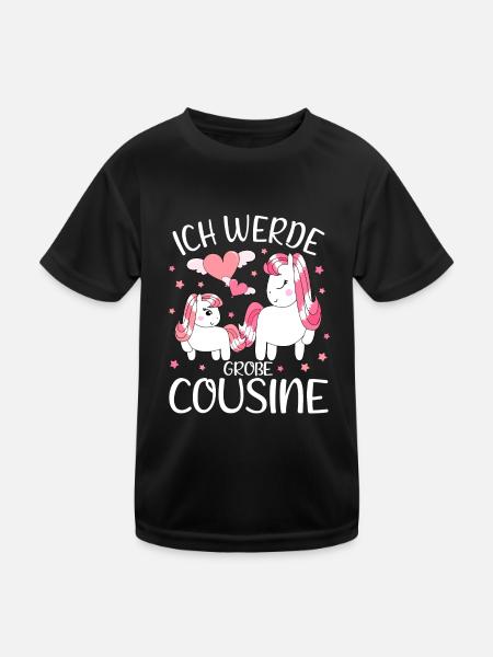 Große Cousine verkünden Einhorn Bald Große Cousine - Kinder Funktions-T-Shirt - Schwarz - Vorne