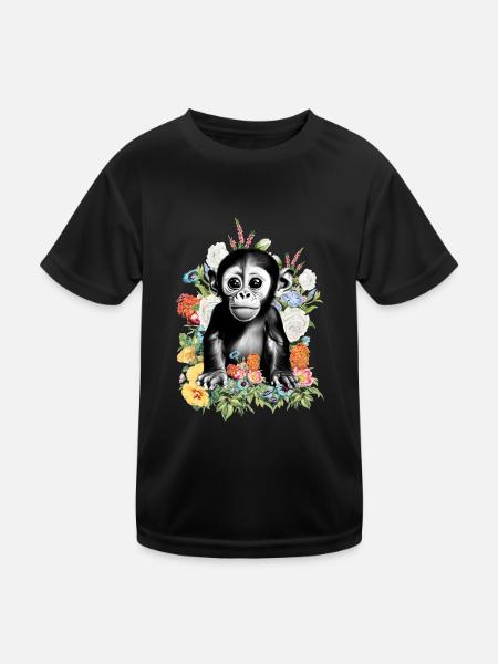 Affe Blumen - Kinder Funktions-T-Shirt - Schwarz - Vorne