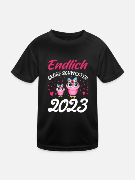 Endlich große Schwester 2023 - Kinder Funktions-T-Shirt - Schwarz - Vorne