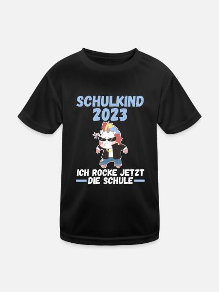Schulkind 2023 Schulbeginn Einhorn Einschulung - Kinder Funktions-T-Shirt - Schwarz - Vorne