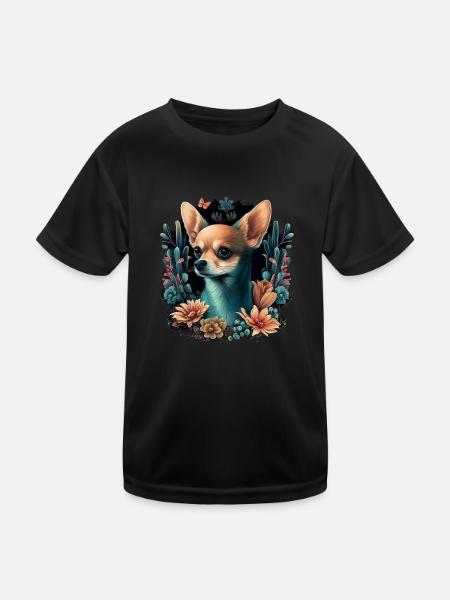 Chihuahua | Cute Dog | Beautiful | Flowers | Girl - Kids Functional T-Shirt - black - Front