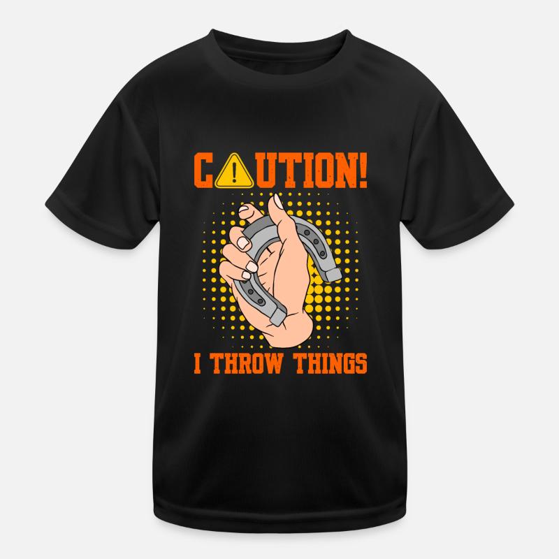 Caution I Throw Things Horseshoe Pitching Kids Functional T-Shirt