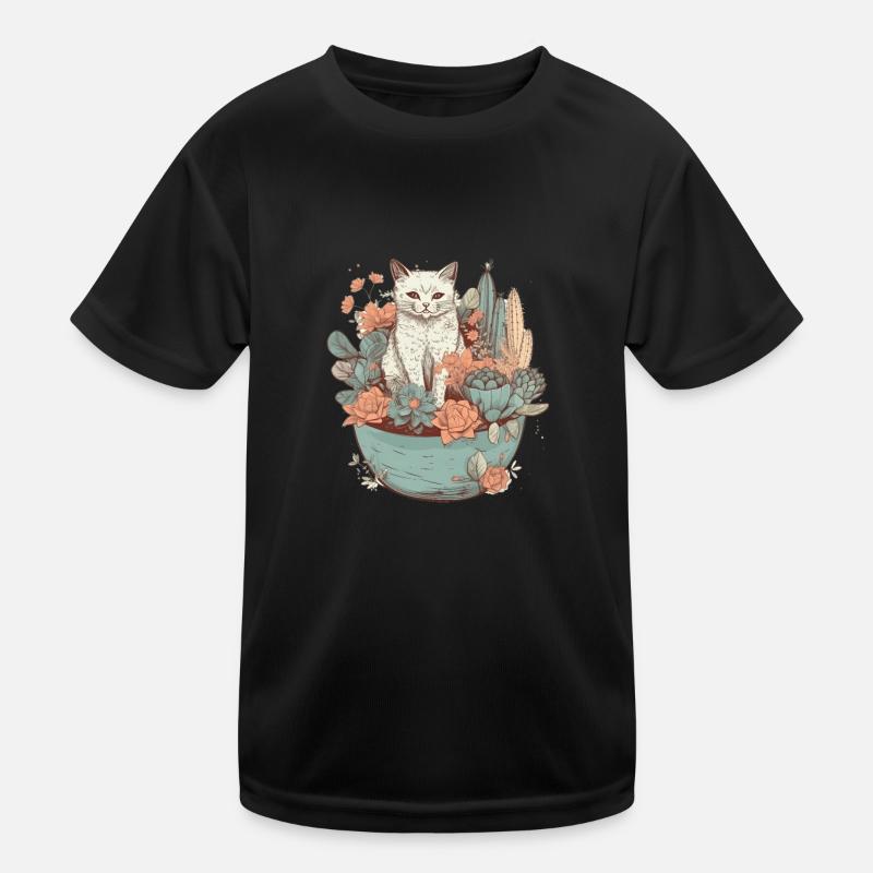Cat drawn in flower pot Kids Functional T-Shirt