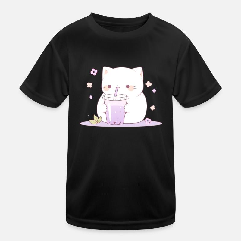 Boba and Cats Cat Drinking Bubble Tea Anime - Kids Functional T-Shirt - black