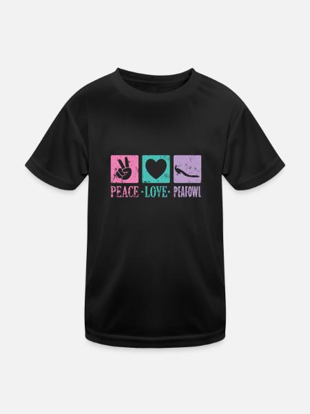 Peace Love Peafowl Vogel Gefieder Fasan - Kinder Funktions-T-Shirt - Schwarz - Vorne