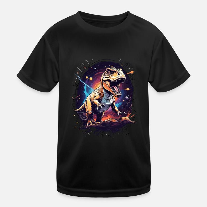T-Rex on a rocky cliff in space Kids Functional T-Shirt