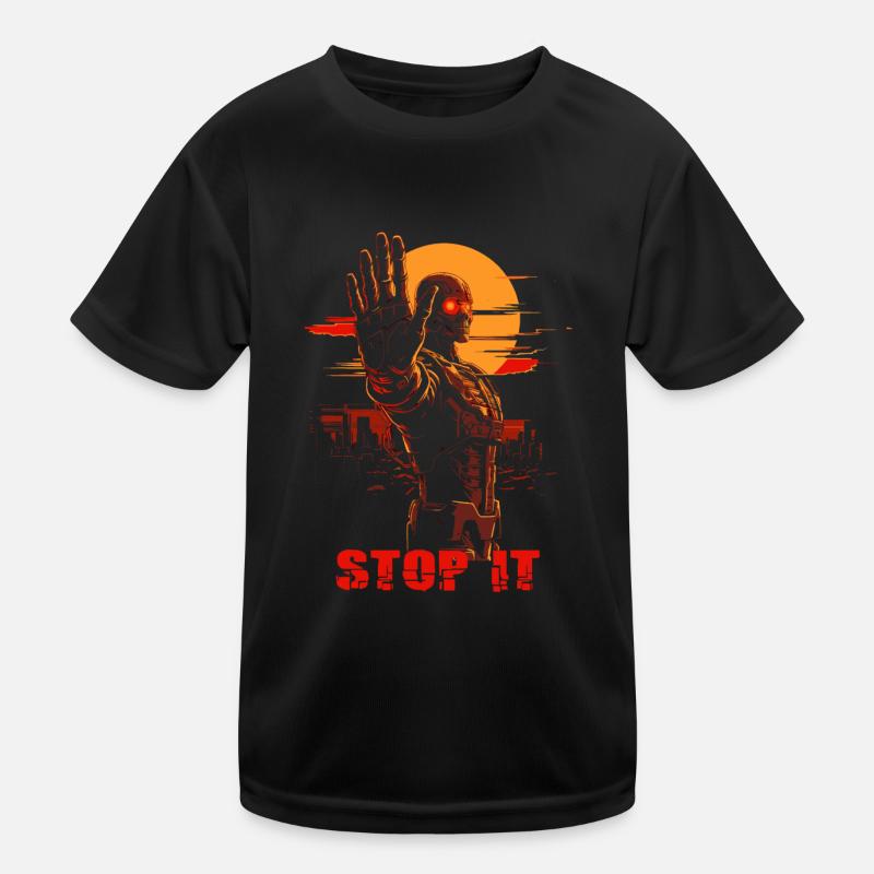Hör auf damit, ein dystopischer Cyborg Kinder Funktions-T-Shirt