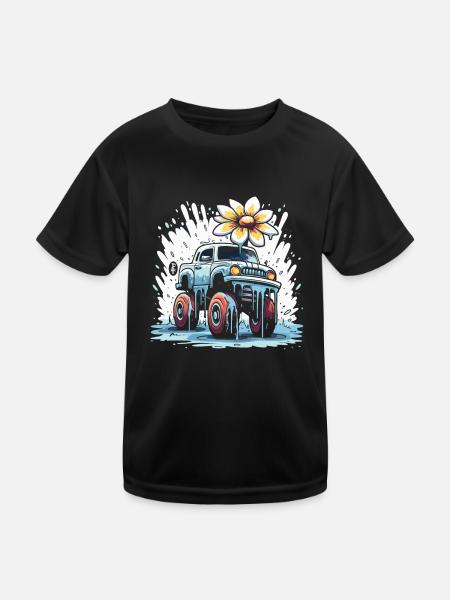 Ein bunter Flower Power Monstertruck - Kinder Funktions-T-Shirt - Schwarz - Vorne