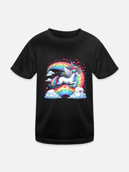 Einhorn Valentinstag Regenbogenherzen Fantasie - Kinder Funktions-T-Shirt - Schwarz - Vorne