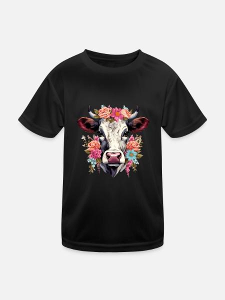Kuh mit Blumen - Kinder Funktions-T-Shirt - Schwarz
