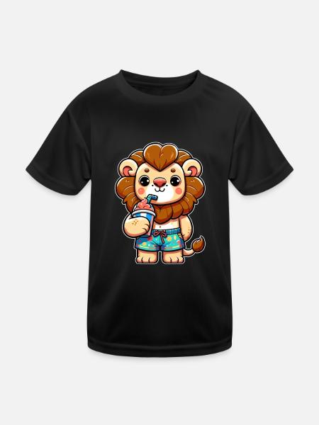 kindlich gestaltete Löwe - Kinder Funktions-T-Shirt - Schwarz - Vorne