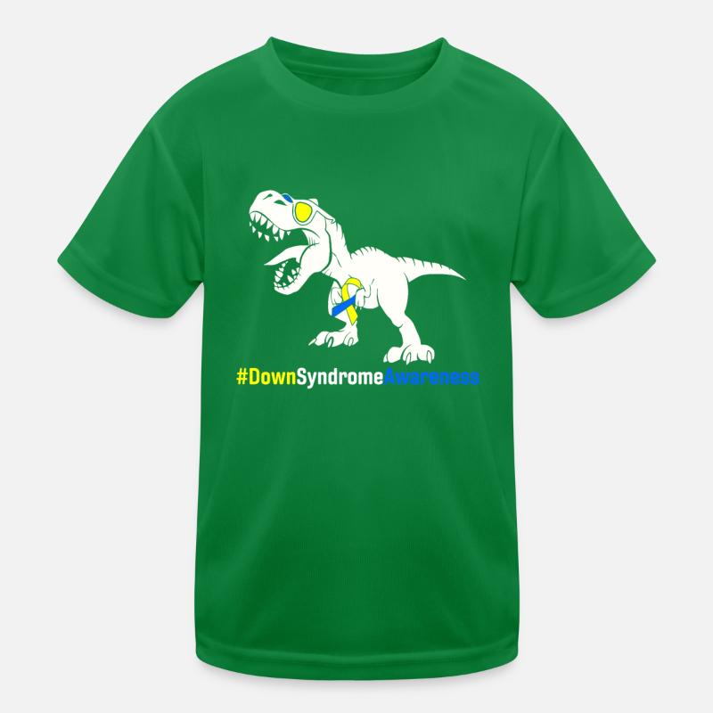 Down-Syndrom-Bewusstsein Blauer und gelber Dinosaurier Kinder Funktions-T-Shirt