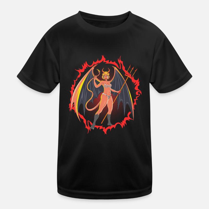 Teufelsmädchen mit riesigen Flügeln und Mistgabel Kinder Funktions-T-Shirt