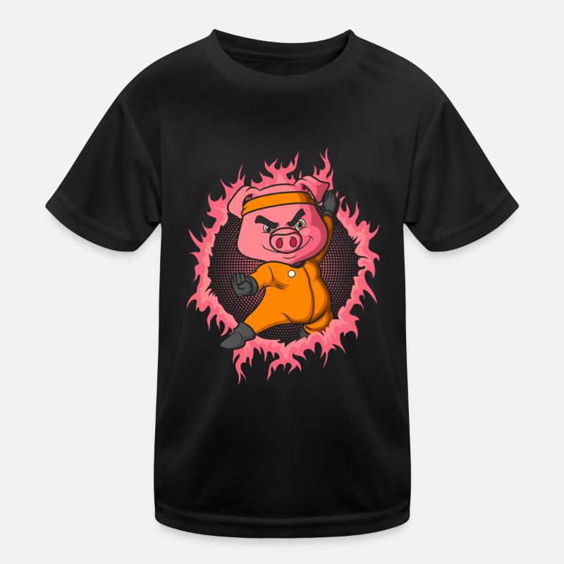 Kung Fu Pig with Halftone Fire Background Kids Functional T-Shirt