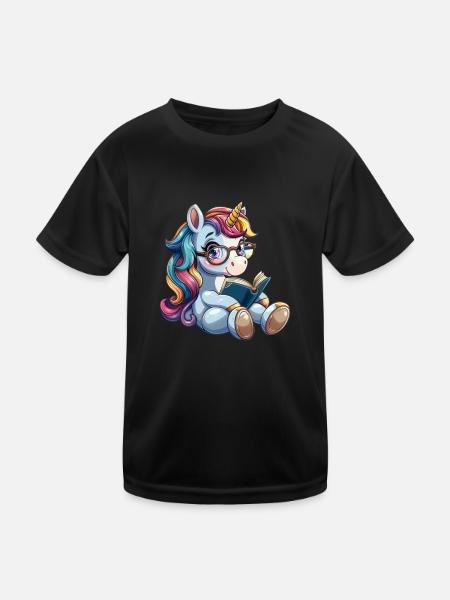 Einhorn Lesen Kawaii Japanisch - Kinder Funktions-T-Shirt - Schwarz - Vorne