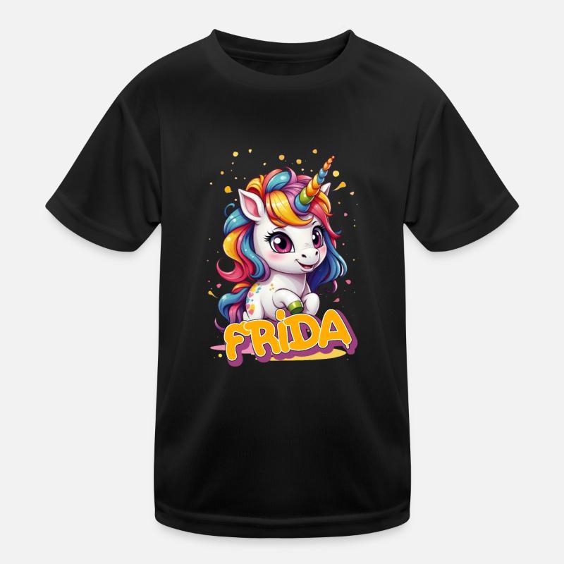 F R I D A - Schöner Mädchen Name mit süßem Einhorn Kinder Funktions-T-Shirt