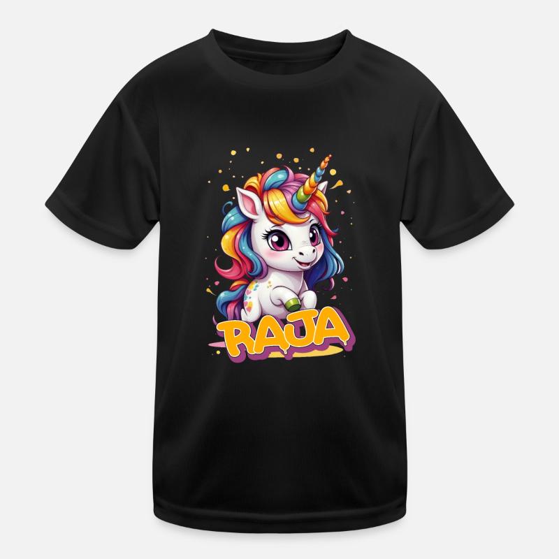 RAJA - Schöner Mädchen Name mit süßem Einhorn Kinder Funktions-T-Shirt