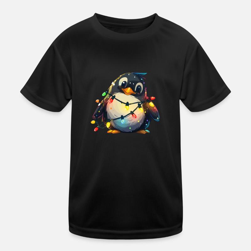 Pinguin in Weihnachtslichter eingewickelt Pinguin Kinder Funktions-T-Shirt
