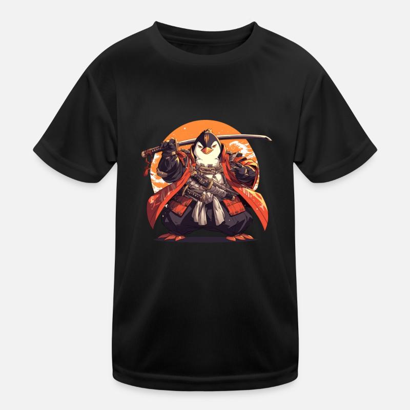 Pinguin Samurai Japanischer Pinguin Niedlich - Kinder Funktions-T-Shirt - Schwarz