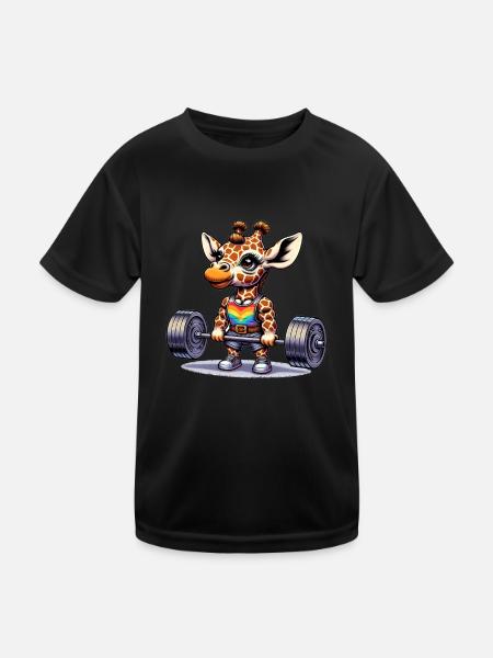 Cool Giraffe Deadlifting In The Gym - Kinder Funktions-T-Shirt - Schwarz