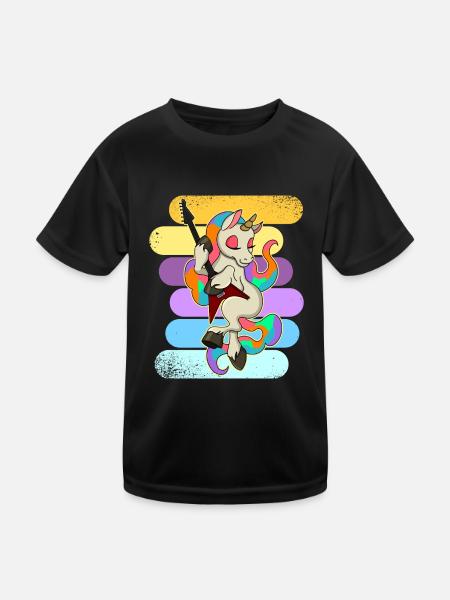 Gitarre Musiker Einhorn Niedlich Regenbogen - Kinder Funktions-T-Shirt - Schwarz - Vorne