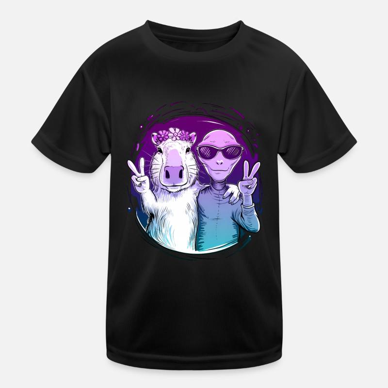 Capybara and Alien Peace Sign Friendship Art Kids Functional T-Shirt