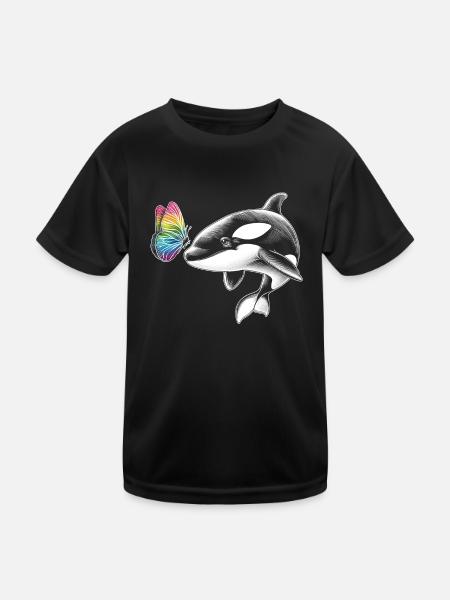 Orque, baleine, papillons, animal, fleur, illustration - T-shirt sport Enfant - noir - Devant