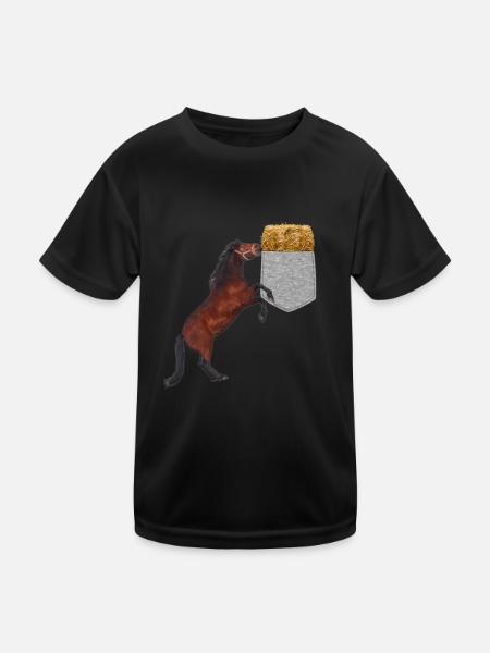 Pferd, das Nach Heu In Ihrer Falschen Tasche Greift Lustig - Kinder Funktions-T-Shirt - Schwarz - Vorne