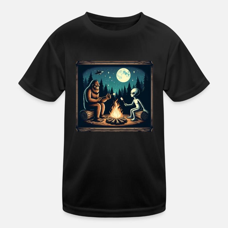 Bigfoot with alien at the campfire Kids Functional T-Shirt