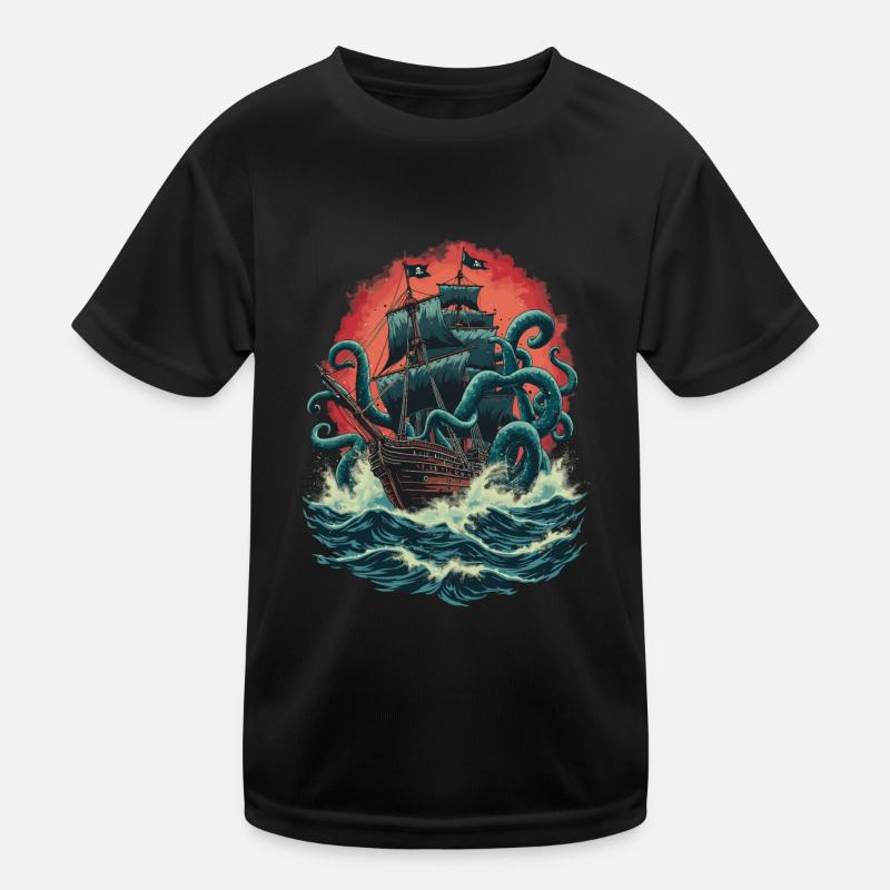 Bateau pirate Kraken Ocean Bataille Monstre marin géant T-shirt sport Enfant