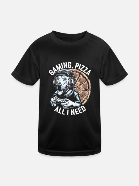 Funny Dog Gaming Pizza Gamer Gamer Gaming - Kids Functional T-Shirt - black - Front