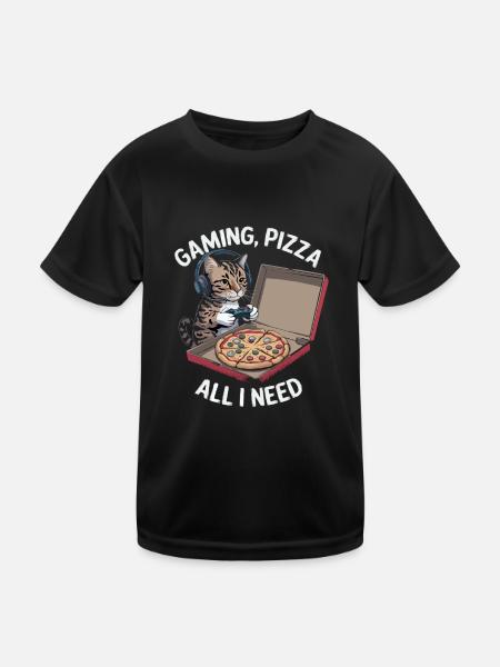 Funny Cats Gaming Pizza Gamer Gamer Gaming - Kids Functional T-Shirt - black - Front