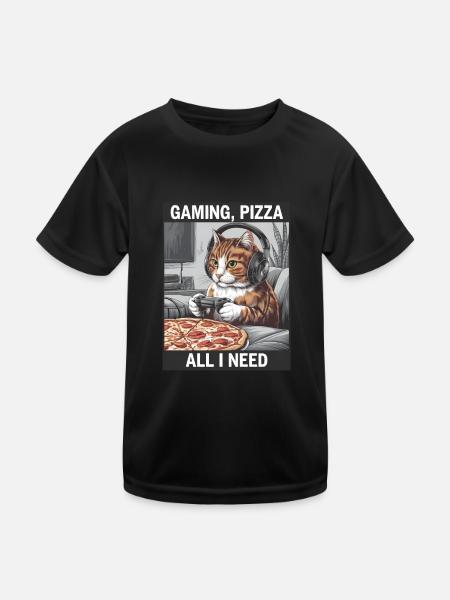 Funny Cats Gaming Pizza Gamer Gamer Gaming - Kids Functional T-Shirt - black - Front