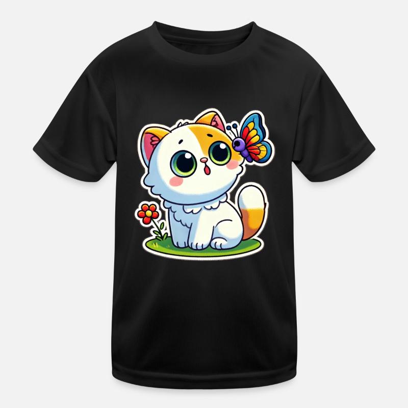 Cute Cat is surprised to see a butterfly Kids Functional T-Shirt