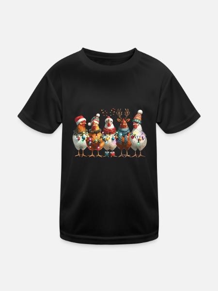 Weihnachtliche Hühner Mit Lichterketten Und Mützen - Kinder Funktions-T-Shirt - Schwarz - Vorne