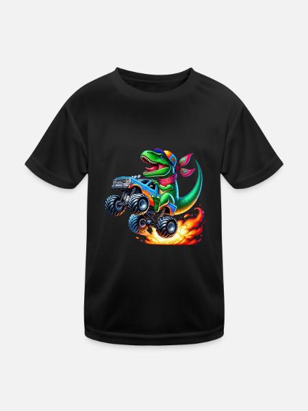 Dinosaure aventureux sur un camion monstre - T-shirt sport Enfant - noir - Devant