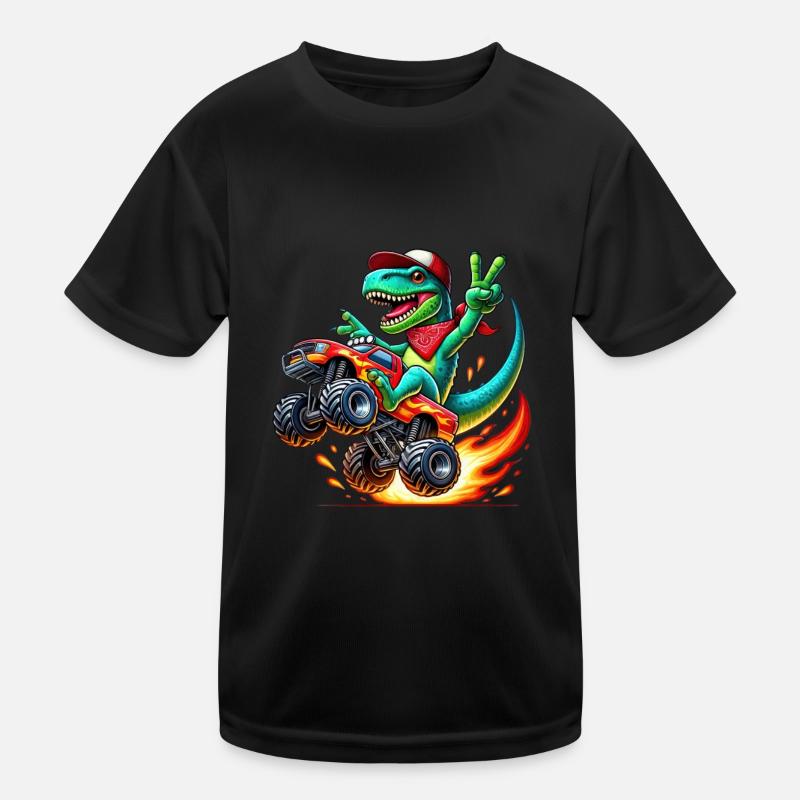 Adventurous dinosaur on monster truck Kids Functional T-Shirt