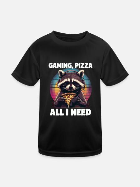 Lustiges Waschbär Gaming Pizza Gamer Zocker Zocken - Kinder Funktions-T-Shirt - Schwarz - Vorne