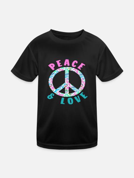 Peace & Love Buntes Friedenssymbol - Kinder Funktions-T-Shirt - Schwarz - Vorne