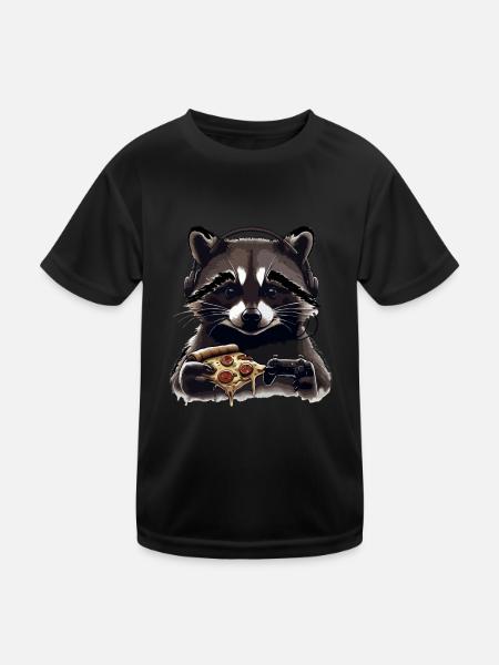 Funny Raccoon Gaming Pizza Gamer Gamer Gaming - Kids Functional T-Shirt - black - Front