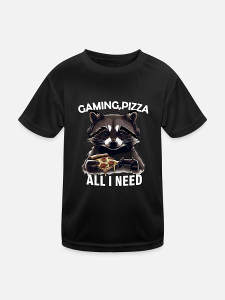 Funny Raccoon Gaming Pizza Gamer Gamer Gaming - Kids Functional T-Shirt - black - Front