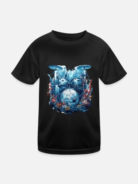 Fisch Trommeln - Kinder Funktions-T-Shirt - Schwarz - Vorne
