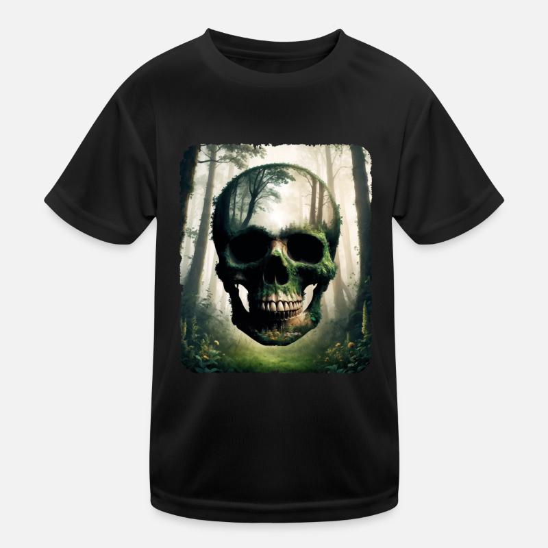 Human skull, intricately crafted from a forest Kids Functional T-Shirt