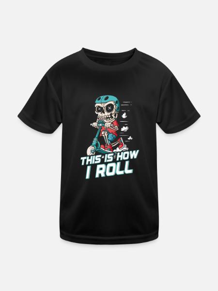 How I Roll: Skater Skeleton on Scooter - Kids Functional T-Shirt - black - Front