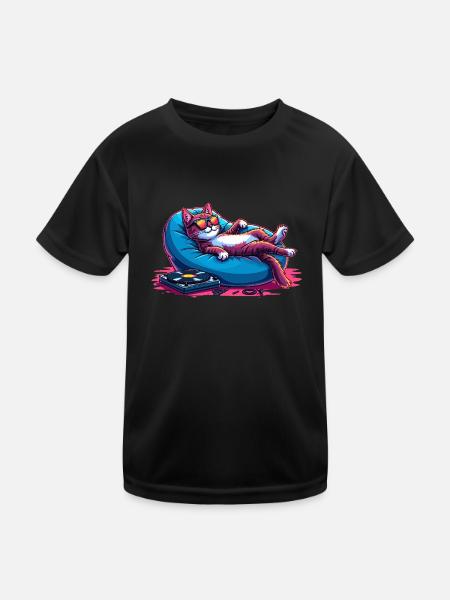 Katze & Musik, Bunte Digitale Kunst Katze - Kinder Funktions-T-Shirt - Schwarz - Vorne