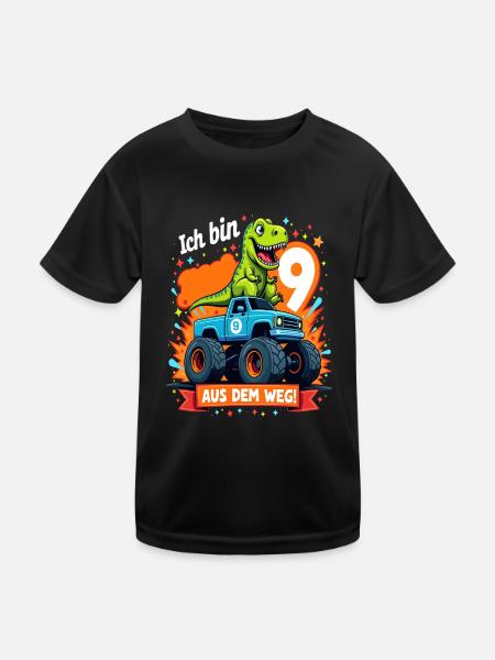 Dinosaur 9th Birthday Monster Truck - Kids Functional T-Shirt - black - Front