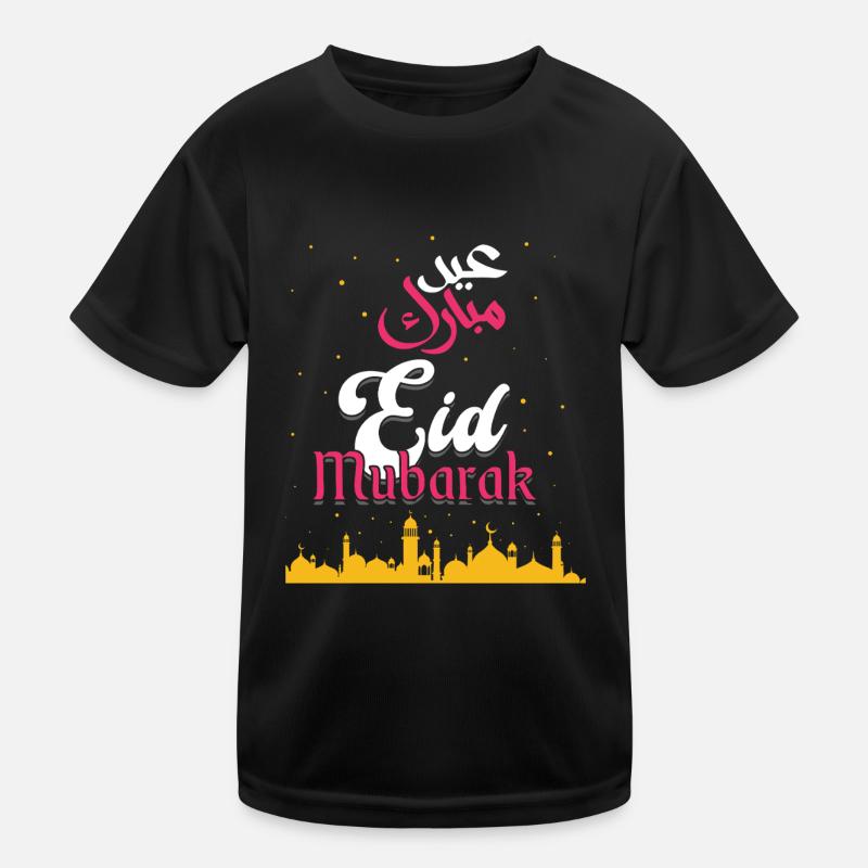 Eid Mubarak Gruß mit Moschee Silhouette Kinder Funktions-T-Shirt