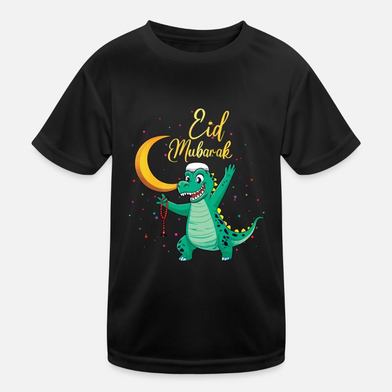 Eid Mubarak Dino with crescent moon and prayer beads Kids Functional T-Shirt