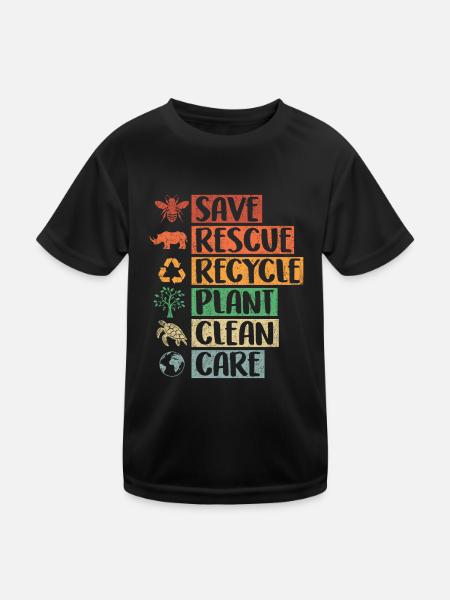 Speichern retten Recyceln Pflanze Reinigen Pflege Retro Tier - Kinder Funktions-T-Shirt - Schwarz - Vorne